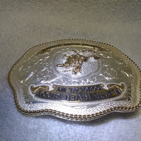 AQHA CMSA Cowboy Mounted Shooting Association Trophy Buckle Platte River Shoot - Picture 5 of 11